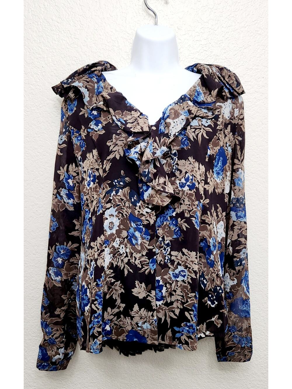 Coldwater Creek Brown Blue Floral Print Ruffled Neck Top Large Lightweight Soft